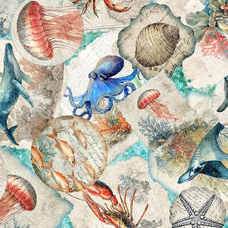 Quilting Treasures - Nauticus - Sea Creatures Overlapping Patch, Aqua