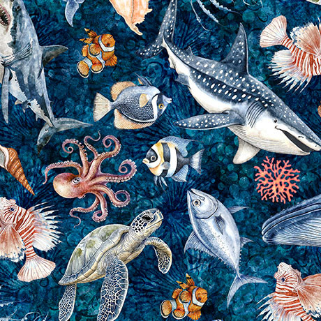 Quilting Treasures - Nauticus - Sea Creatures, Navy