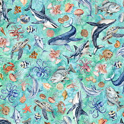 Quilting Treasures - Nauticus - Sea Creatures, Turquoise
