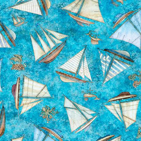Quilting Treasures - Nauticus - Ships Toss, Blue