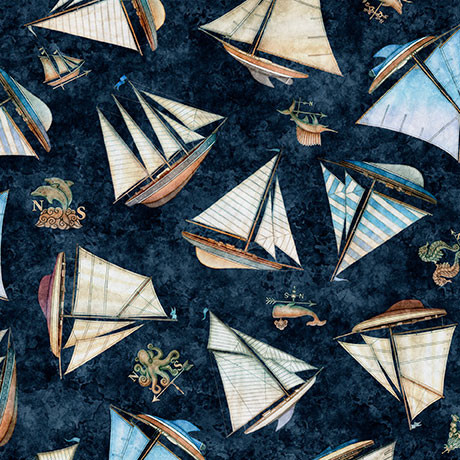 Quilting Treasures - Nauticus - Ships Toss, Dark Navy