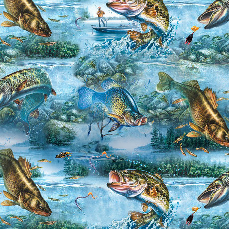 Quilting Treasures - The Lure of Fishing - Fish & Lake Scenic, Blue