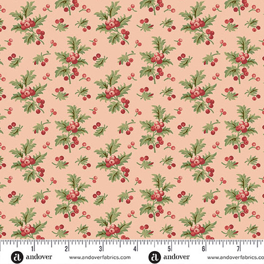 Andover Fabrics - Jingle Bell - Holly Branch, Strawberry Creme