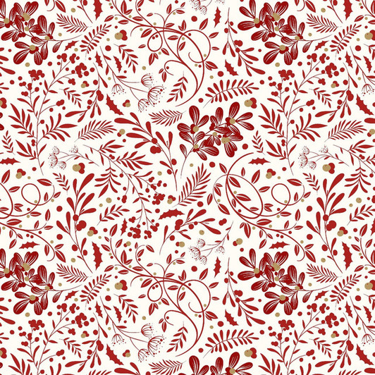 Blank Quilting - Holly Jolly Calico - Swirls Foliage, Ecru/Red