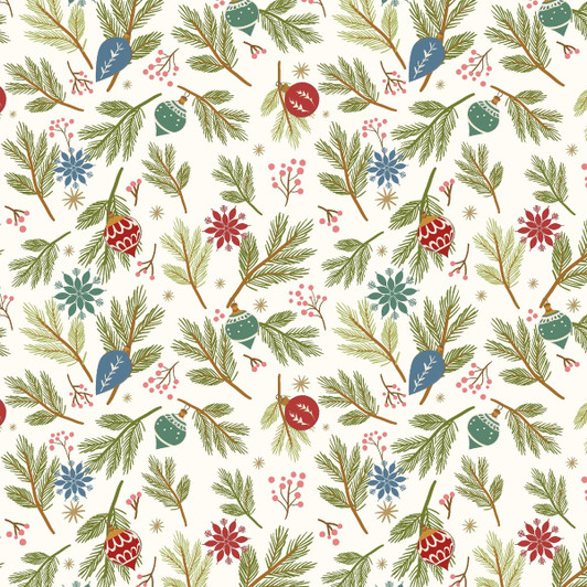 Blank Quilting - Holly Jolly Calico - Pine Bough Ornaments, Ecru