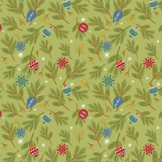 Blank Quilting - Holly Jolly Calico - Pine Bough Ornaments, Evergreen