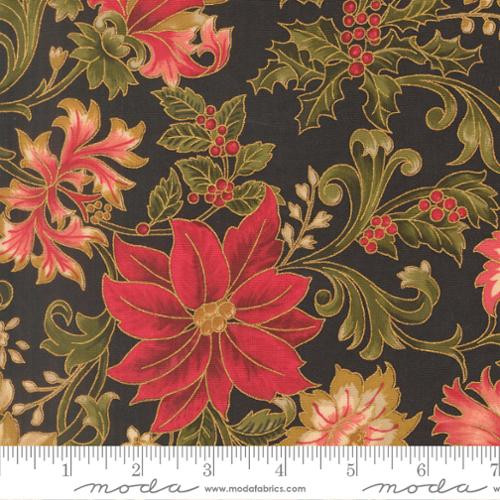 Moda - Merry Manor Metallic - Poinsettia Large Floral, Ebony