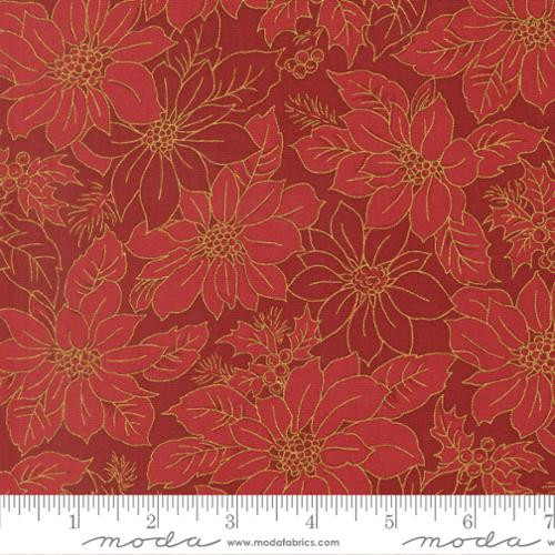 Moda - Merry Manor Metallic - Poinsettia Blooms Damask, Crimson