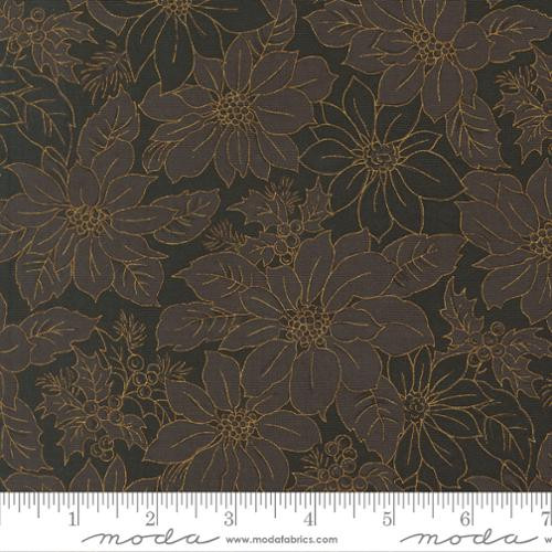 Moda - Merry Manor Metallic - Poinsettia Blooms Damask, Ebony