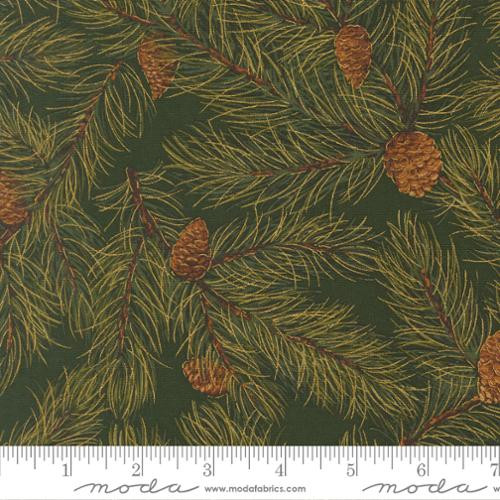 Moda - Merry Manor Metallic - Pine Cones, Evergreen