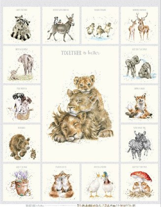 Maywood Studio - Together is Better - 36" x 58/60" Minky Animal Panel, Ecru