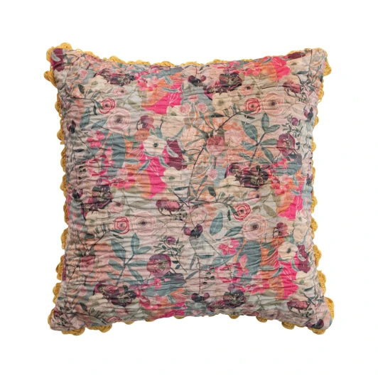 Velvet Printed Pillow With Hand-Embroidered Kantha Stitch, Pom Poms & Chambray Back