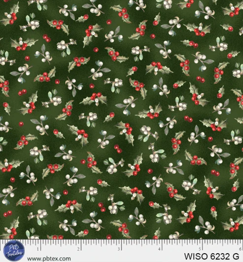 P & B Textiles - Winter Song - Tossed Holly & Berries, Green