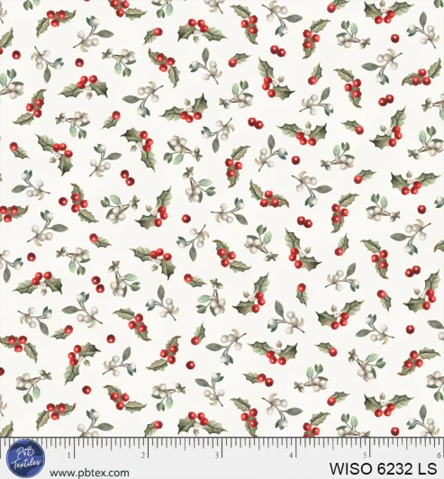 P & B Textiles - Winter Song - Tossed Holly & Berries, Light Silver