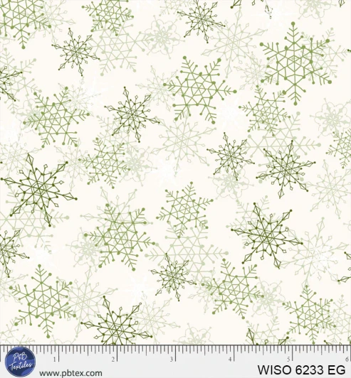 P & B Textiles - Winter Song - Layered Snowflakes, Ecru/Green