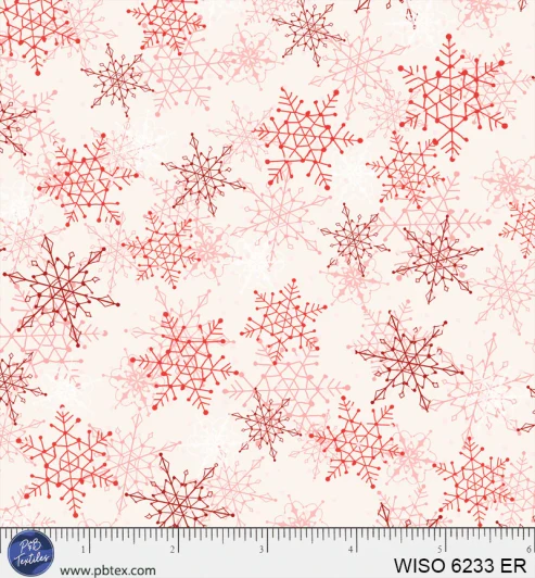 P & B Textiles - Winter Song - Layered Snowflakes, Ecru/Red