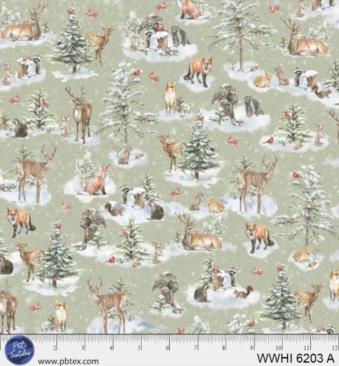 P & B Textiles - Woodland Whispers - Woodland Creatures Allover, Light Sage