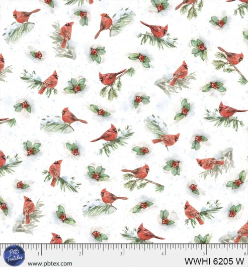 P & B Textiles - Woodland Whispers - Cardinals Allover, White