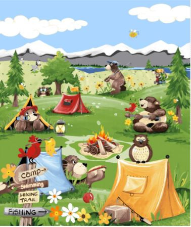 SusyBee - Baron Goes Camping - 36" Quilt Panel, Grass Green