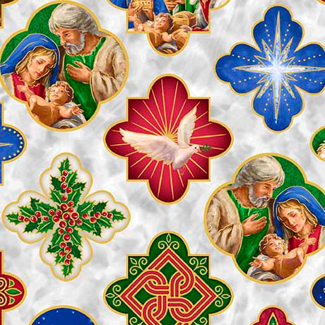 Quilting Treasures - A Star Above - Nativity Medallions, Light Gray