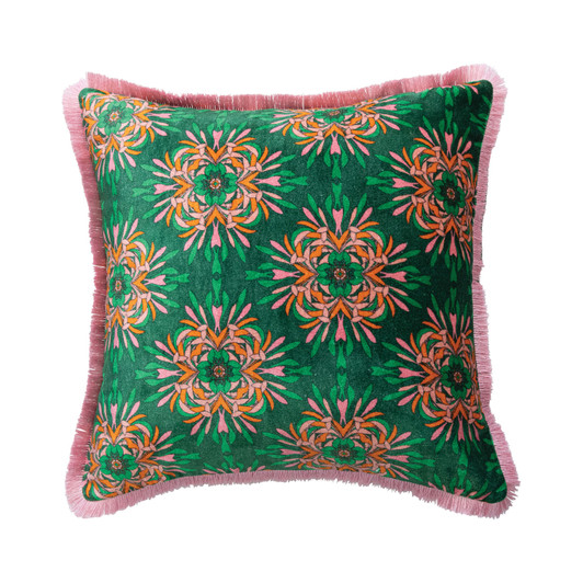 20" Square Cotton Blend Velvet Printed Pillow with Eyelash Fringe