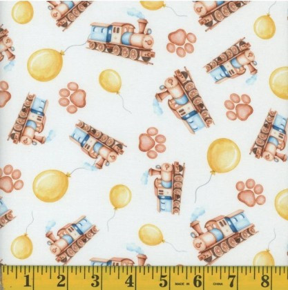 Mook Fabrics - Teddy Boy - Picnic Trains, White