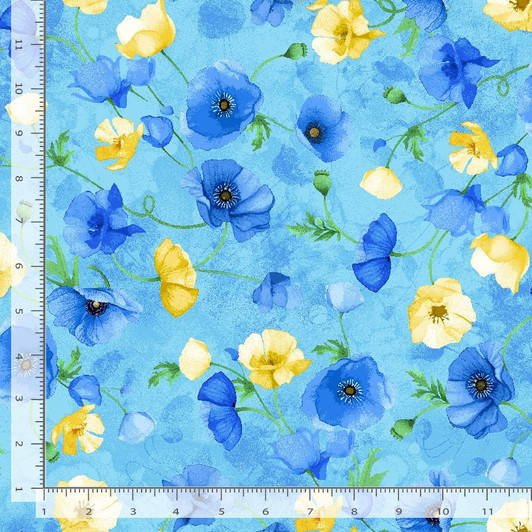 Timeless Treasures - Poppy Serenade - Floating Poppies Watercolor, Sky