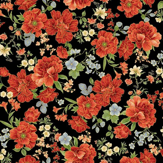 Timeless Treasures - Imperial Bloom - Asian Medium Floral, Black