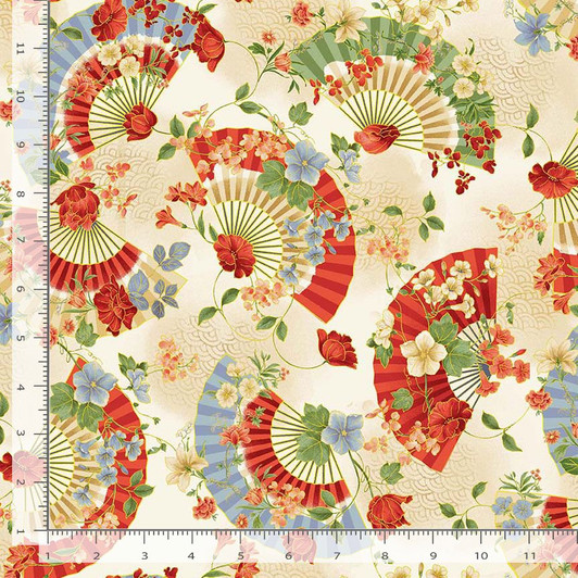 Timeless Treasures - Imperial Bloom - Asian Floral Fans, Beige