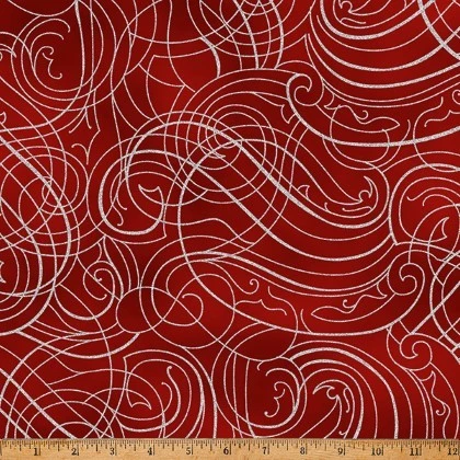 Hoffman California - Christmas Wish - Swirling Metallic Lines, Crimson/Silver