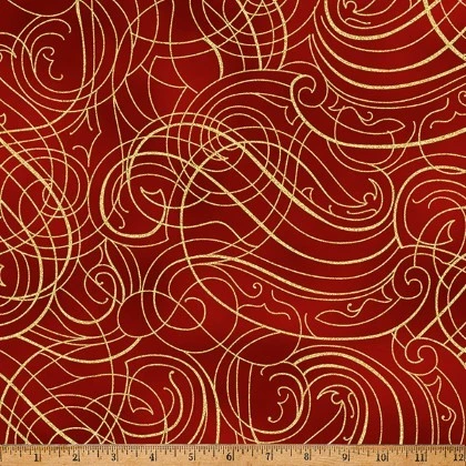 Hoffman California - Christmas Wish - Swirling Metallic Lines, Scarlet/Gold