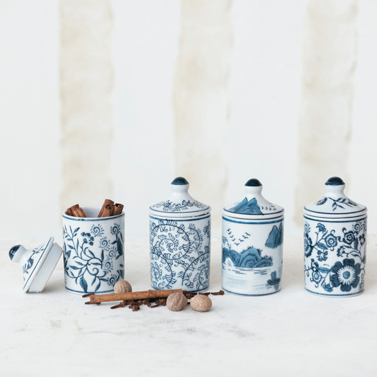 Hand-Painted Stoneware Spice Jar w/ Pattern, 4 Styles 