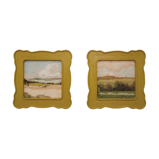 Slub Fabric Wall Décor with Scalloped Wood Frame, Set of 2