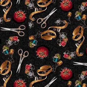 Timeless Treasures - Thread & Thimble - Sewing Tools, Black
