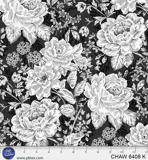 P & B Textiles - 108" Charlotte - Vintage Floral, Black/White