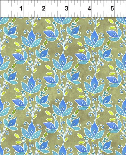 In The Beginning Fabric - Ajisai - Floral Leaf, Sage and Blue