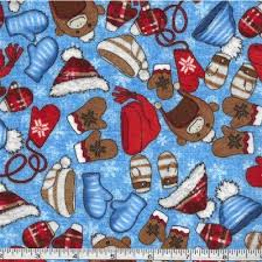 Northcott - Cutie Hooties Flannel - Hats And Mittens, Blue