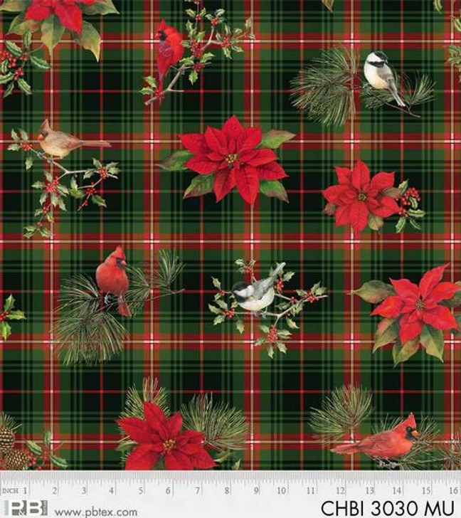 P&B Textiles - Christmas Bird Song - Bird & Plaids, Green/Red