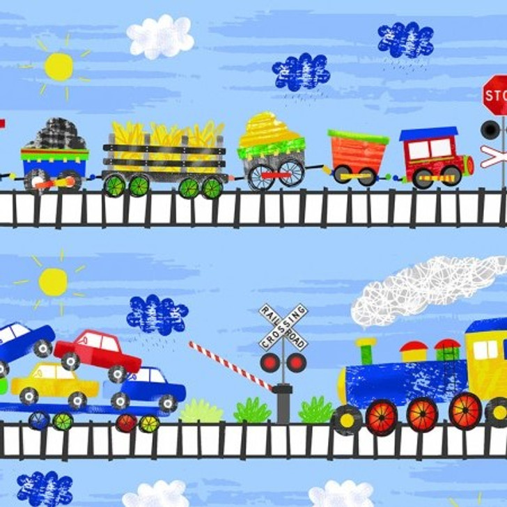 Timeless Treasures - Trains - (FUN) - Train Stripe, Blue