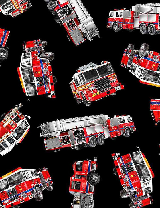 Timeless Treasures - Fire - Tossed Fire Trucks, Black