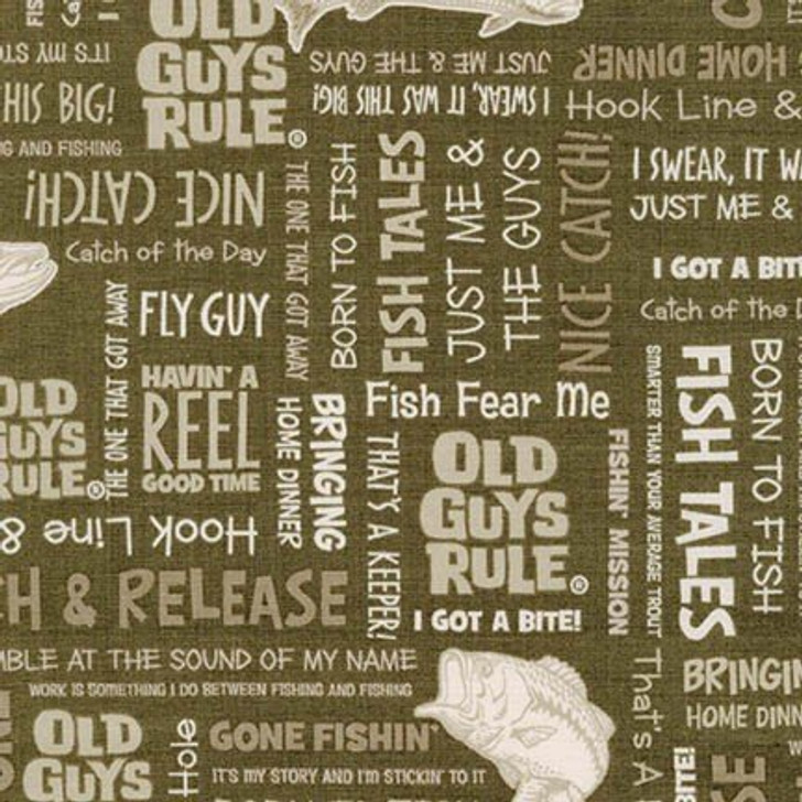 Robert Kaufman - Old Guys Rule - Fishing Words, Khaki - Lancaster Home &  Fabric