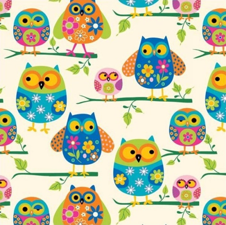 Baum Textiles - Winter Fleece - Bright Owls, Cream