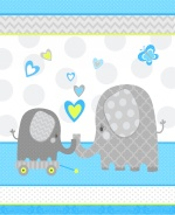 Studio E - Hello Baby Flannel - 36"  Elephant Panel, Blue