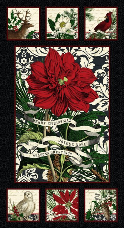 Studio E - Joyeux Noel - 24" Panel, Red Flower, Black