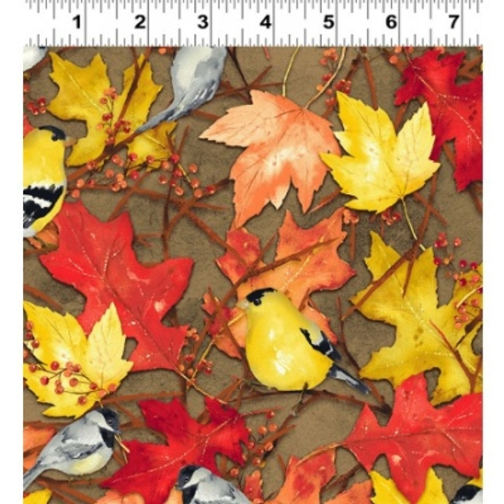 Clothworks - Fall Feast - Birds & Leaves, Light Brown