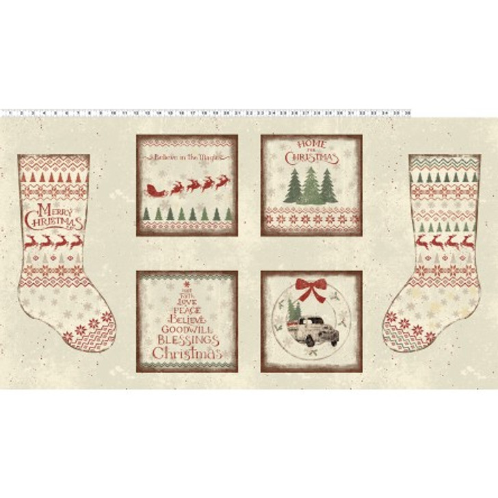 Clothworks - Home For Christmas - 24" Stocking Panel, Light Khaki