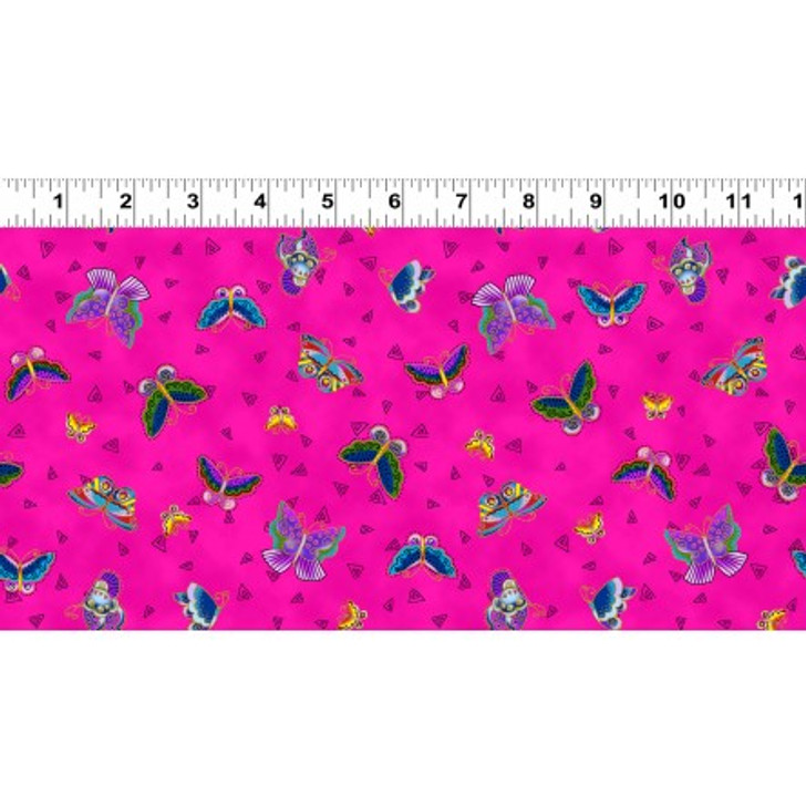 Clothworks - Feline Frolic -  Metallic Butterflies,  Fuchsia