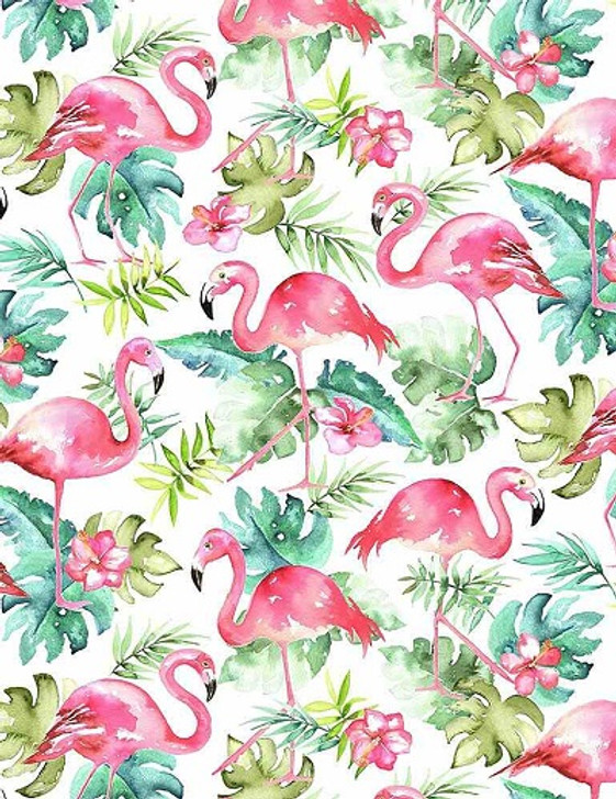 Timeless Treasures - Fun - Watercolor Flamingos, White