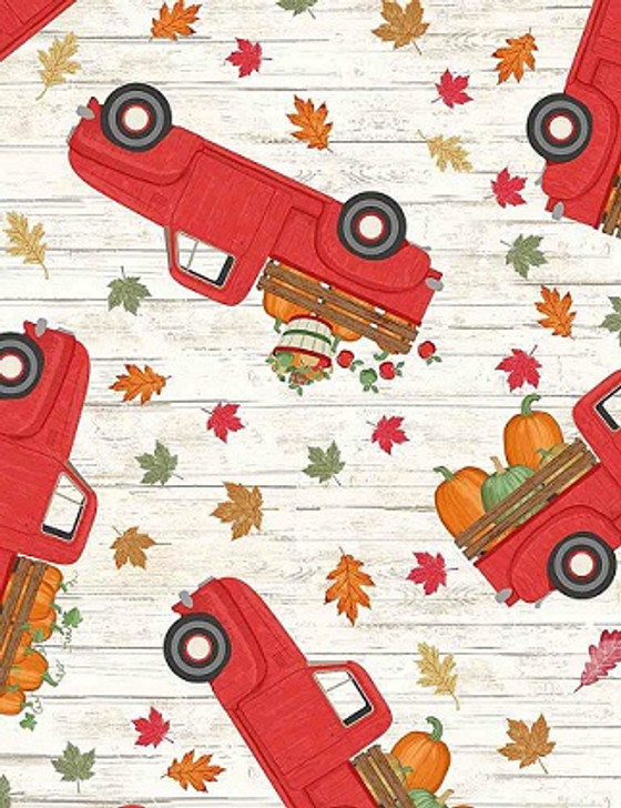 Timeless Treasures - Happy Fall Y'All - Red Trucks with Pumpkins, Natural