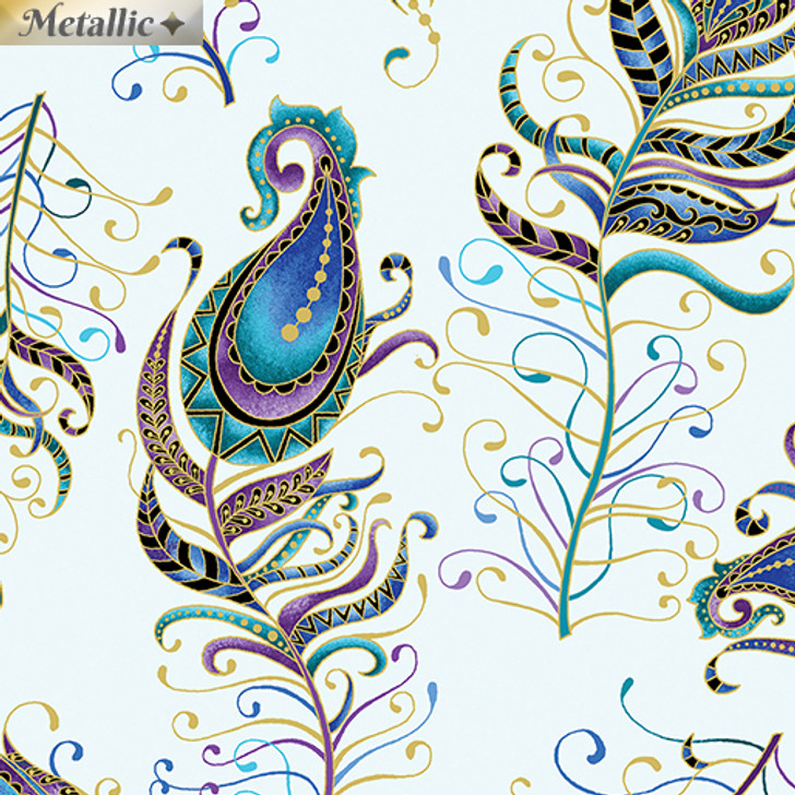 Benartex - Peacock Flourish - Large Floating Feather, Lt Teal